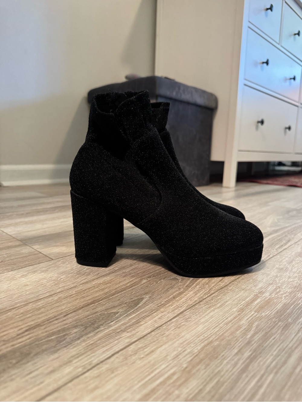 NWOT Women's Black Sparkly Platform Block Heel Ankle Boots